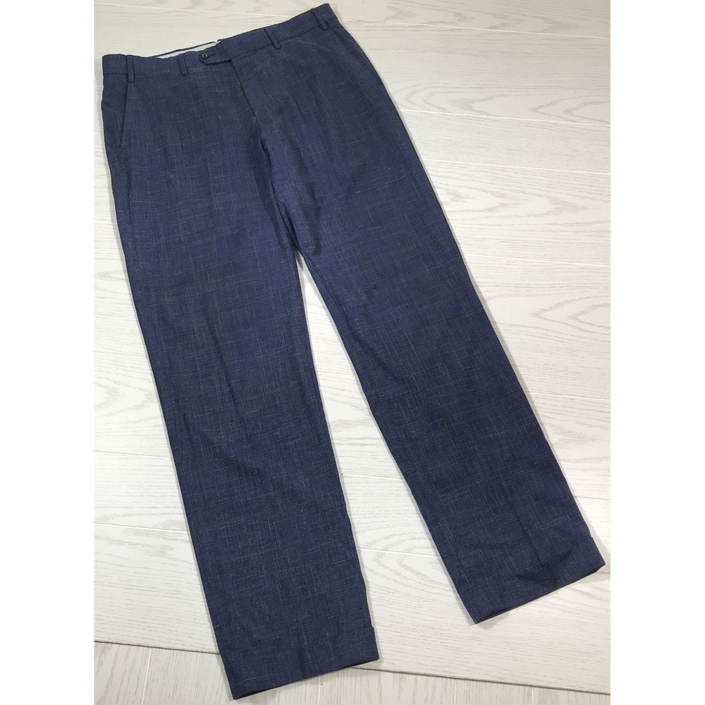 6 East Dress Pants Men 34x32 Blue Check Wool Silk Linen Cuffed Flat Front Work